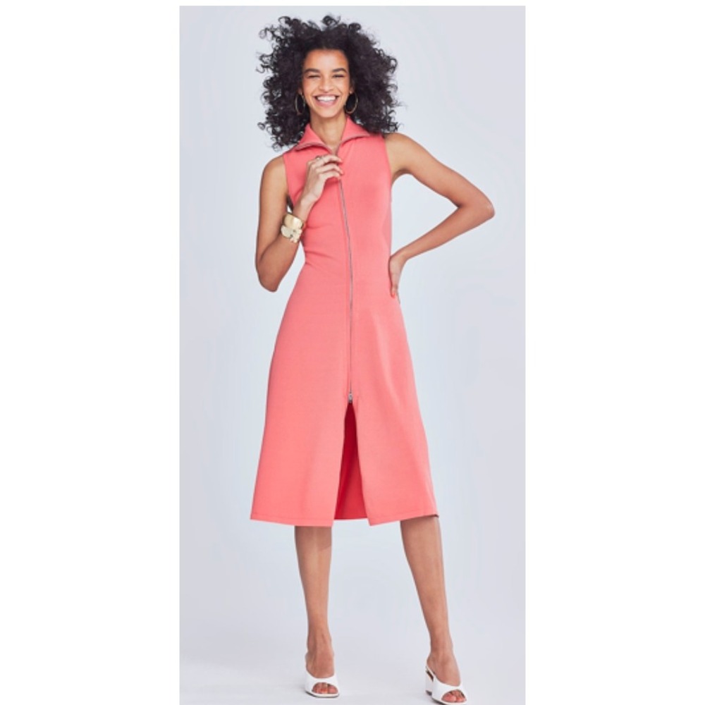 Gabrielle Union Womens Coral Pink Sleeveless Full Zip Knit Midi Dress Size M